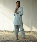 Blue cotton block print day out short kurta set