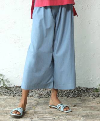 Light blue cotton denim sip of bliss flared pants 1