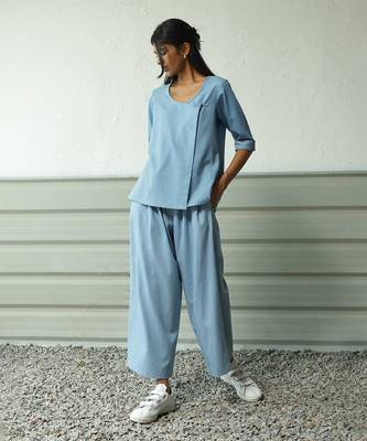 Light blue cotton denim sip of bliss flared pants 2