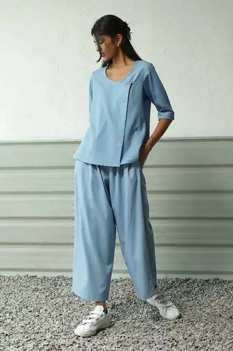 Light blue cotton denim sip of bliss flared pants