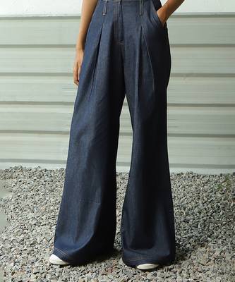 Navy blue cotton denim high-waisted ultra flared soft denims 1