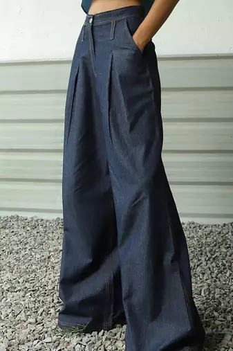 Navy blue cotton denim high-waisted ultra flared soft denims