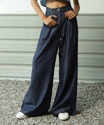 Navy blue cotton denim high-waisted ultra flared soft denims 3