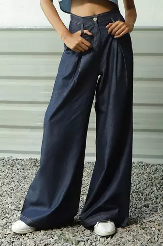 Navy blue cotton denim high-waisted ultra flared soft denims