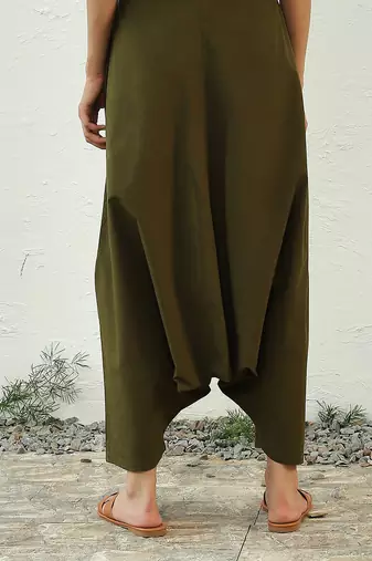Olive green poplin dark olive harem pants