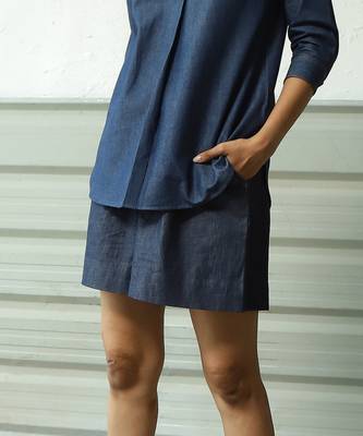 Navy blue cotton denim elasticated shorts 1