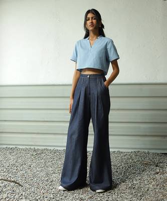 Navy blue cotton denim denim fusion set 2