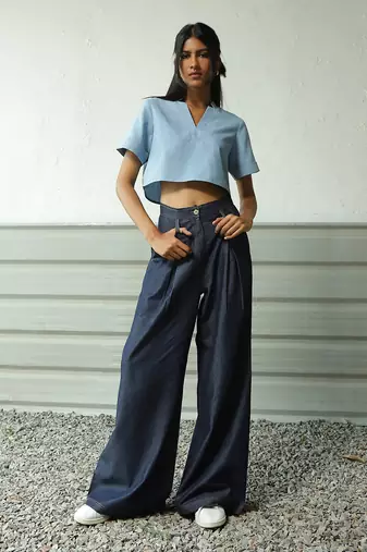 Navy blue cotton denim denim fusion set