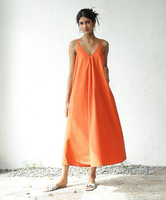 Orange poplin autumn evening dress 1
