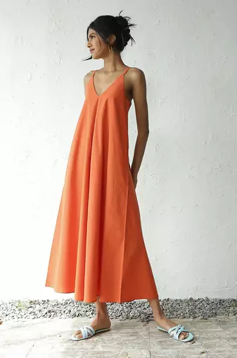 Orange poplin autumn evening dress