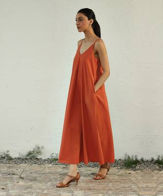 Orange poplin autumn evening dress 4