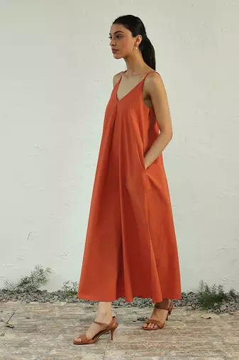 Orange poplin autumn evening dress