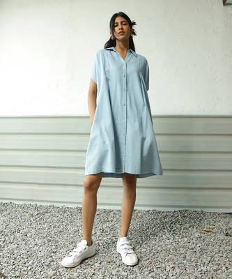 Light blue cotton denim denim backpackers dress 1