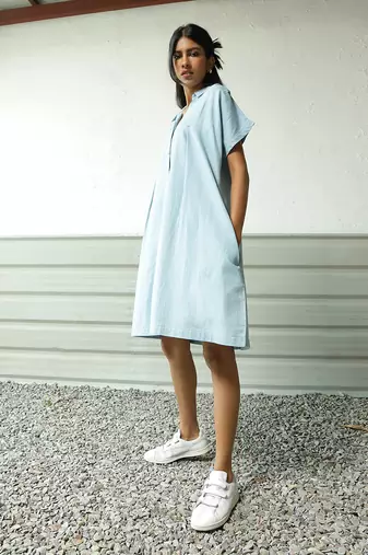 Light blue cotton denim denim backpackers dress