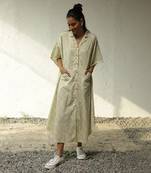 Green cotton block print wanderlust printed buttoned dress