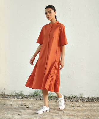 Orange poplin sunset side gathered dress 1