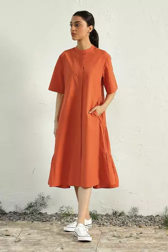 Orange poplin sunset side gathered dress