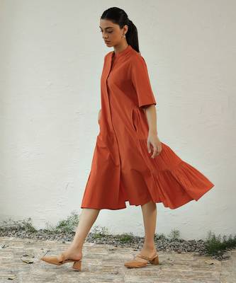 Orange poplin sunset side gathered dress 3