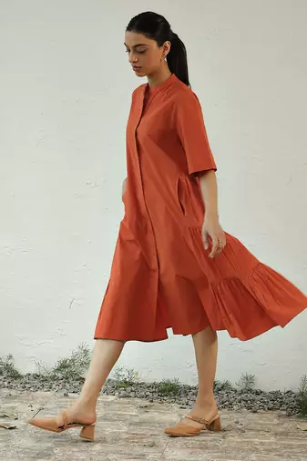 Orange poplin sunset side gathered dress