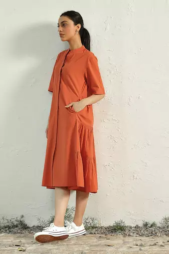 Orange poplin sunset side gathered dress