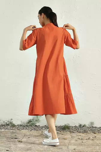 Orange poplin sunset side gathered dress