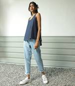 Navy blue and light blue cotton denim wayfinder denim set