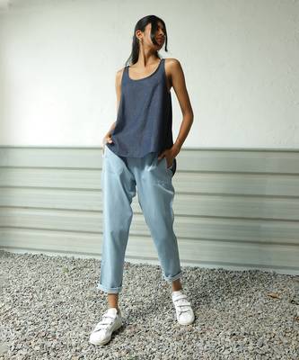 Navy blue and light blue cotton denim wayfinder denim set 2