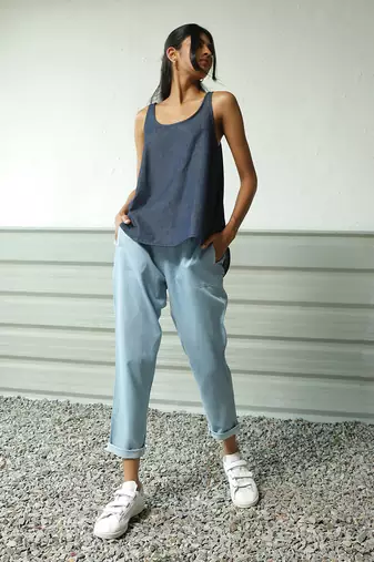 Navy blue and light blue cotton denim wayfinder denim set