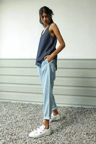 Navy blue and light blue cotton denim wayfinder denim set