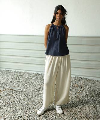 Navy blue cotton denim roadster tie up top 1