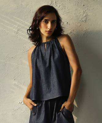 Navy blue cotton denim roadster tie up top 2