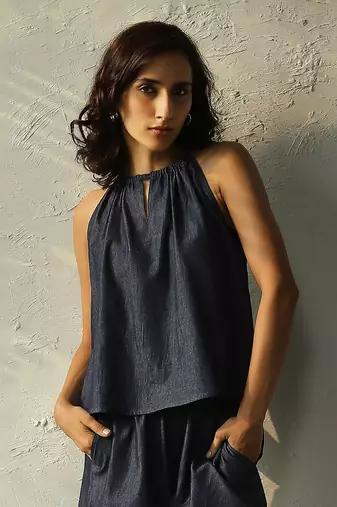 Navy blue cotton denim roadster tie up top