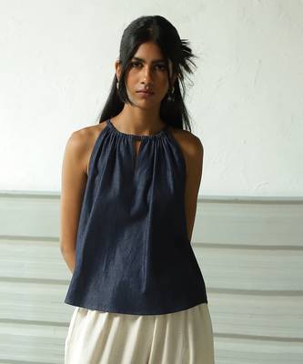 Navy blue cotton denim roadster tie up top 3