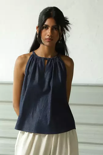 Navy blue cotton denim roadster tie up top