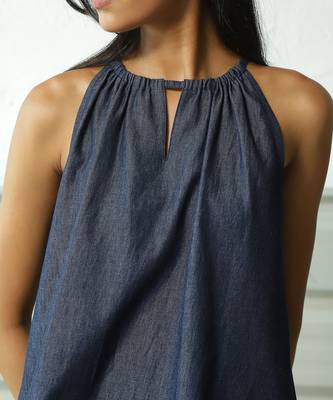 Navy blue cotton denim roadster tie up top 4
