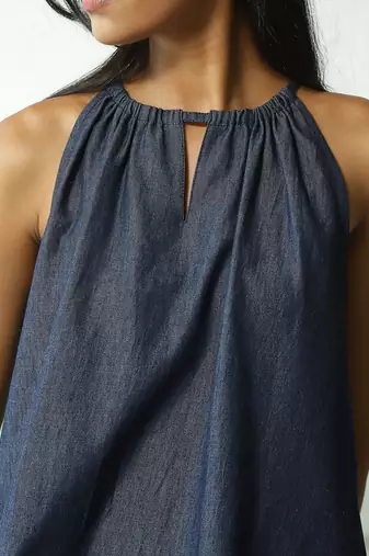 Navy blue cotton denim roadster tie up top