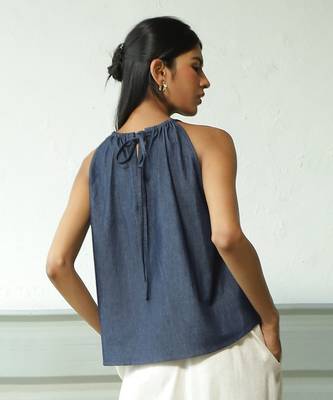 Navy blue cotton denim roadster tie up top 5