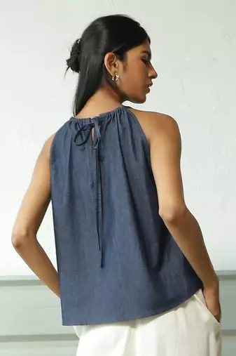 Navy blue cotton denim roadster tie up top