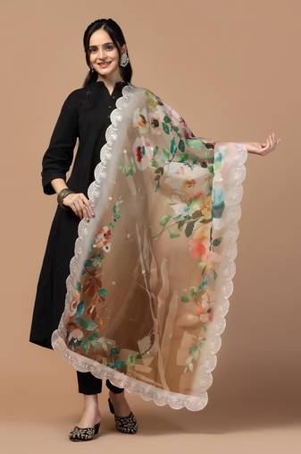 Digital Floral Motif Print Orgenza Silk Embroadery Sequnce Work Traditional Dupatta Wear on Kurti For Women and Girls