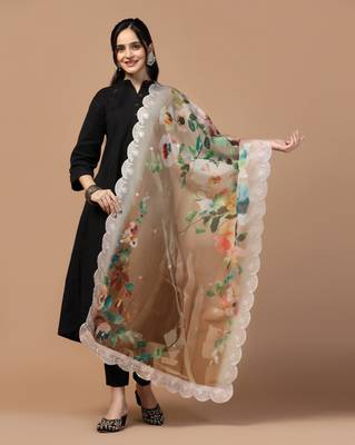 Digital Floral Motif Print Orgenza Silk Embroadery Sequnce Work Traditional Dupatta Wear on Kurti For Women and Girls 1