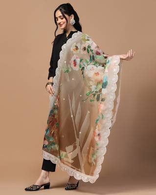 Digital Floral Motif Print Orgenza Silk Embroadery Sequnce Work Traditional Dupatta Wear on Kurti For Women and Girls 2
