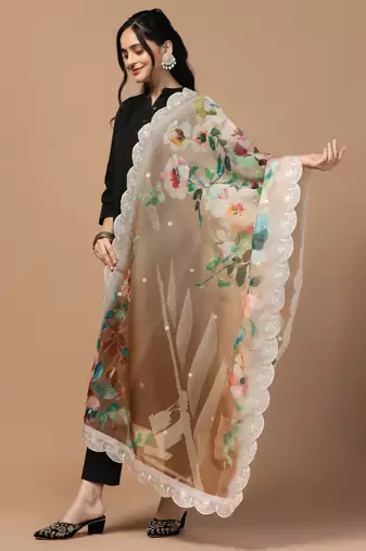Digital Floral Motif Print Orgenza Silk Embroadery Sequnce Work Traditional Dupatta Wear on Kurti For Women and Girls
