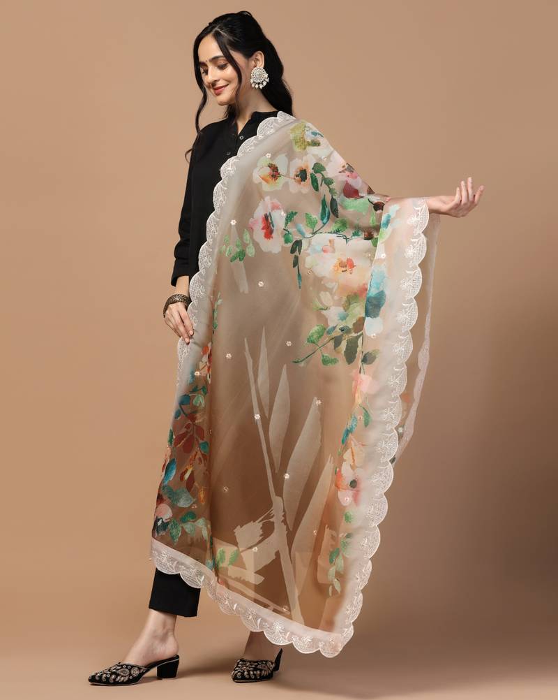 Digital Floral Motif Print Orgenza Silk Embroadery Sequnce Work Traditional Dupatta Wear on Kurti For Women and Girls