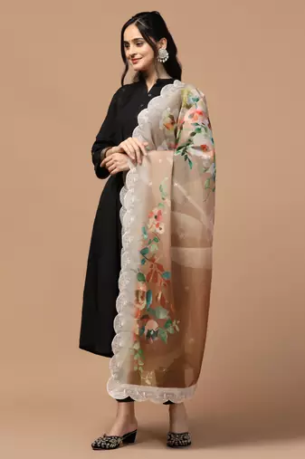 Digital Floral Motif Print Orgenza Silk Embroadery Sequnce Work Traditional Dupatta Wear on Kurti For Women and Girls