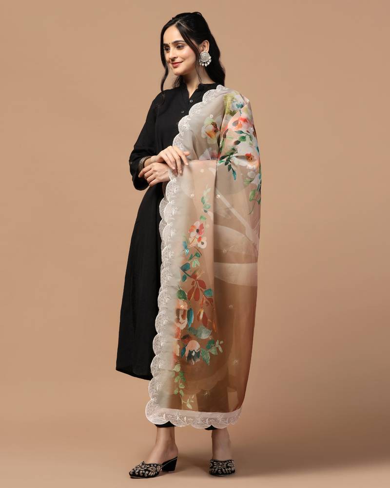 Digital Floral Motif Print Orgenza Silk Embroadery Sequnce Work Traditional Dupatta Wear on Kurti For Women and Girls