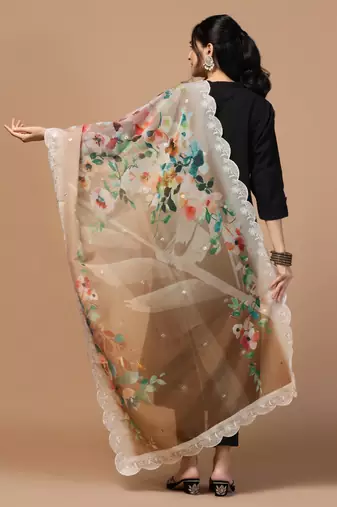 Digital Floral Motif Print Orgenza Silk Embroadery Sequnce Work Traditional Dupatta Wear on Kurti For Women and Girls