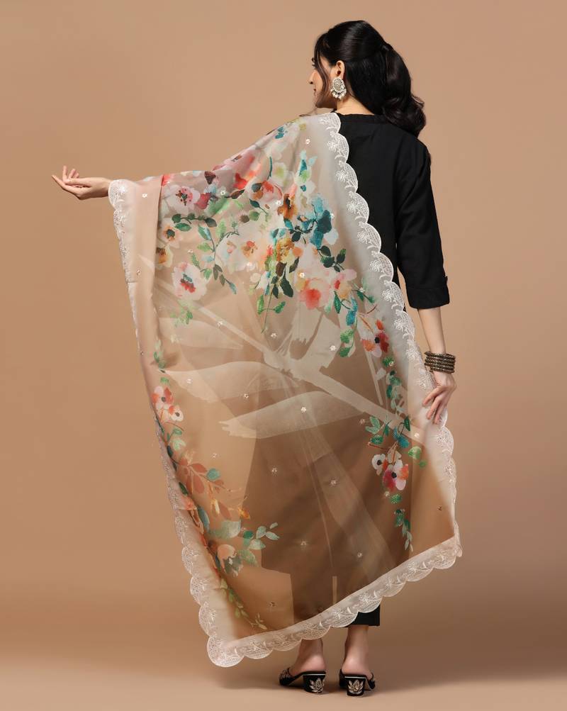 Digital Floral Motif Print Orgenza Silk Embroadery Sequnce Work Traditional Dupatta Wear on Kurti For Women and Girls