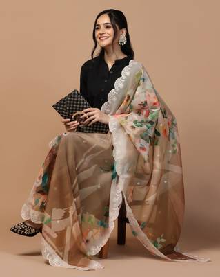 Digital Floral Motif Print Orgenza Silk Embroadery Sequnce Work Traditional Dupatta Wear on Kurti For Women and Girls 5
