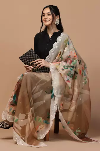 Digital Floral Motif Print Orgenza Silk Embroadery Sequnce Work Traditional Dupatta Wear on Kurti For Women and Girls