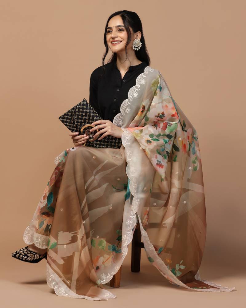 Digital Floral Motif Print Orgenza Silk Embroadery Sequnce Work Traditional Dupatta Wear on Kurti For Women and Girls